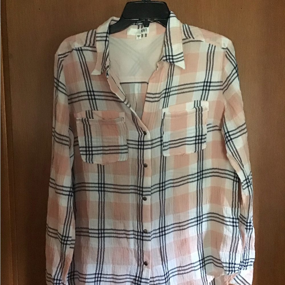 Kut from the Kloth Pink Plaid Button-Up Blouse - L